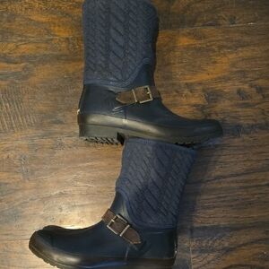 Sperry Saltwater Buckle Navy and Brown  Rain Boots